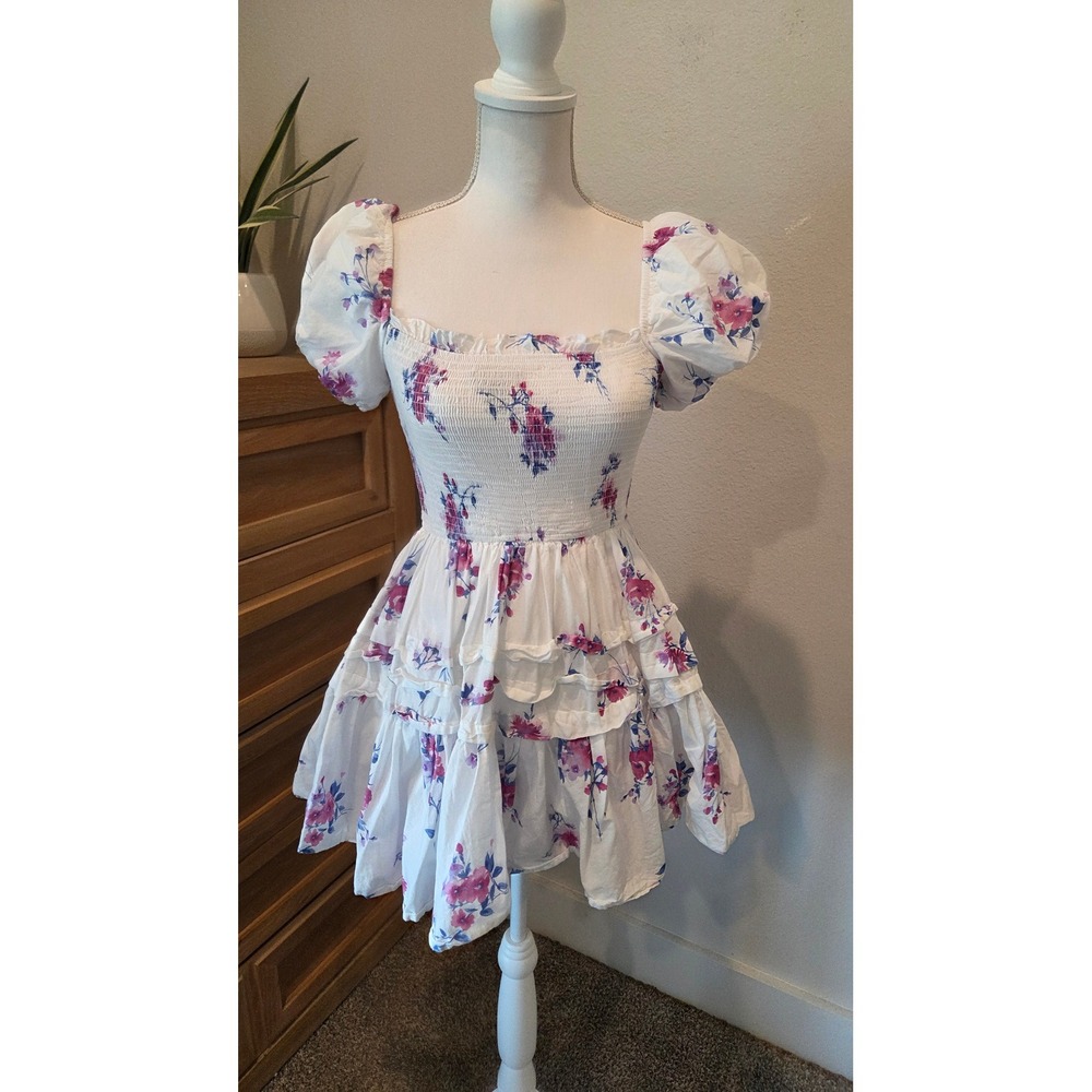 B. Darlin Dress Cotton Floral Smocked Puff Sleeve White Pink Cottagecore 1/2